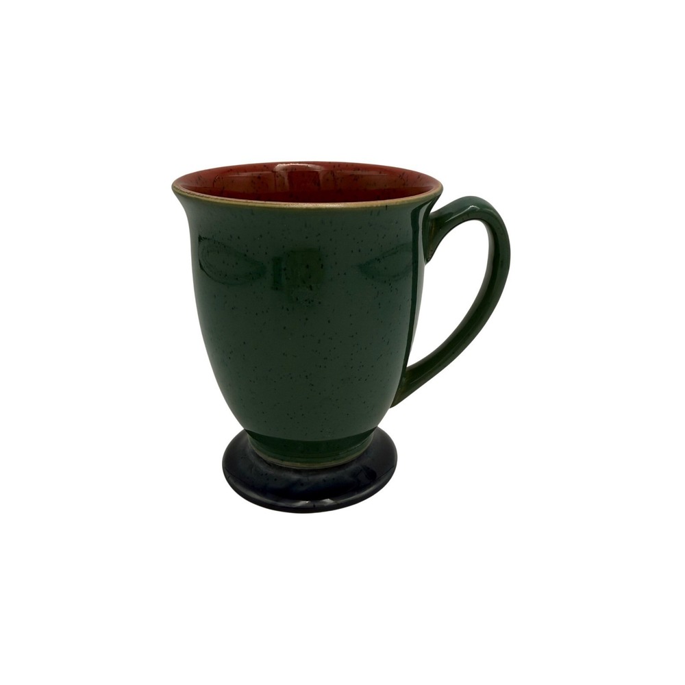 Denby England Greenwich Footed Mug Green Speckled Red Interior Stoneware Cup